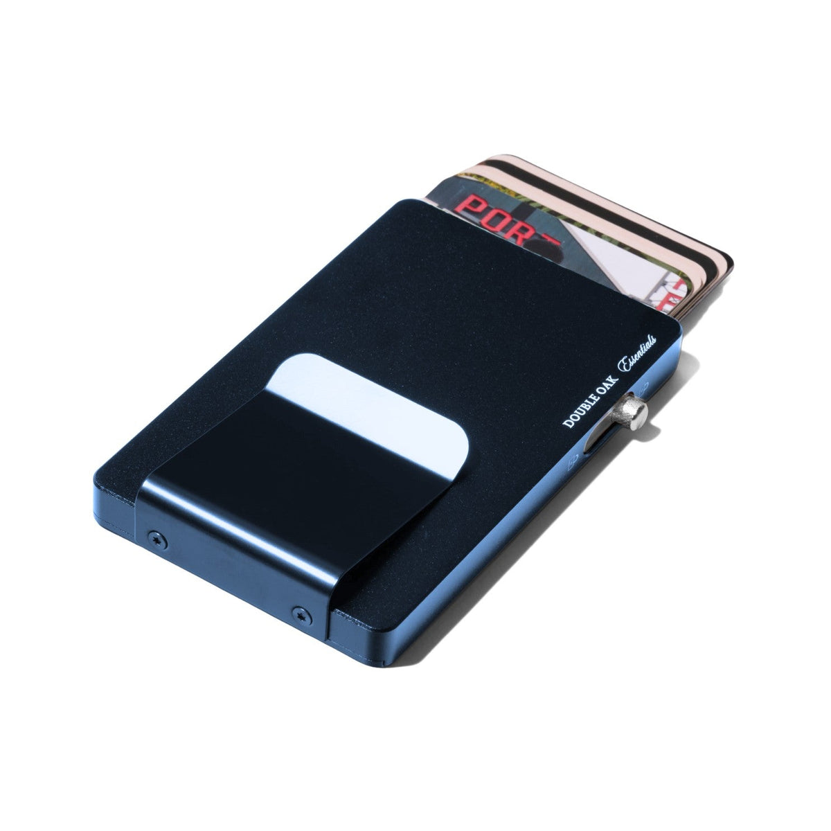 Navy pop-up cardholder with hinged panel and card slot window