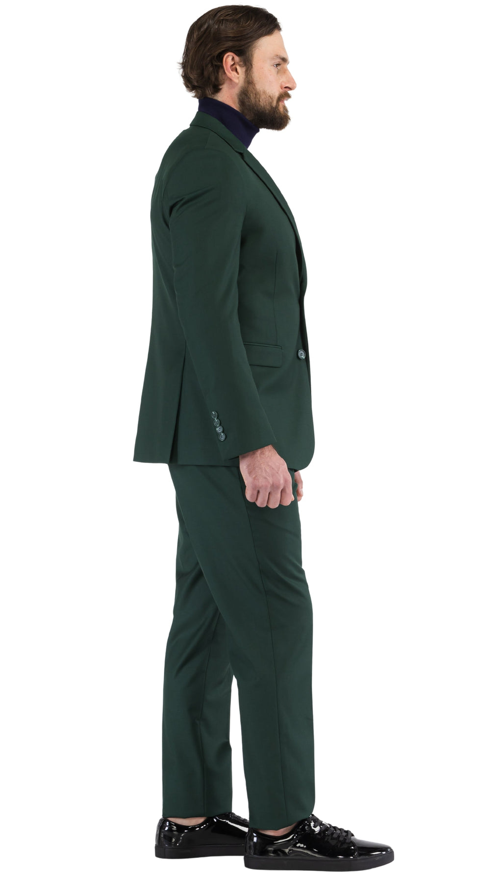 Men's hunter green slim-fit suit side view, single-breasted blazer and straight trousers