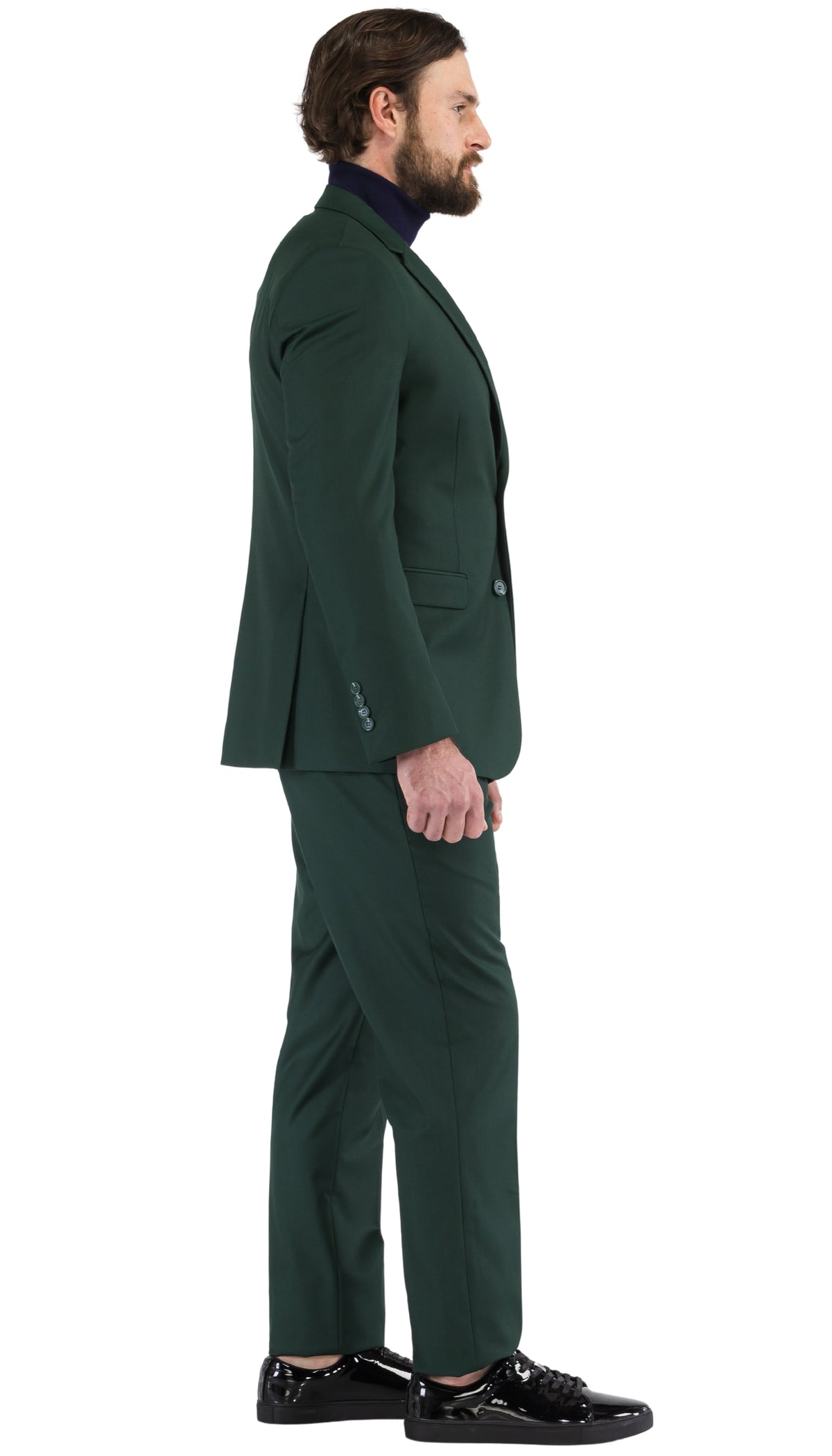 Men's hunter green slim-fit suit side view, single-breasted blazer and straight trousers