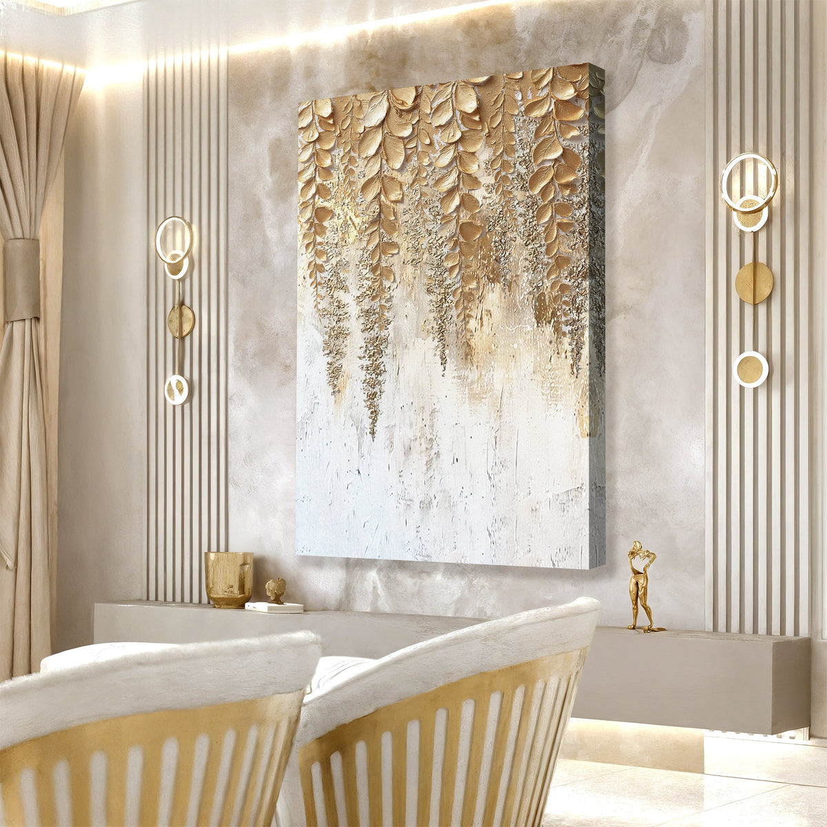 Gold and white botanical wall art canvas with 3D leaf texture above a sofa