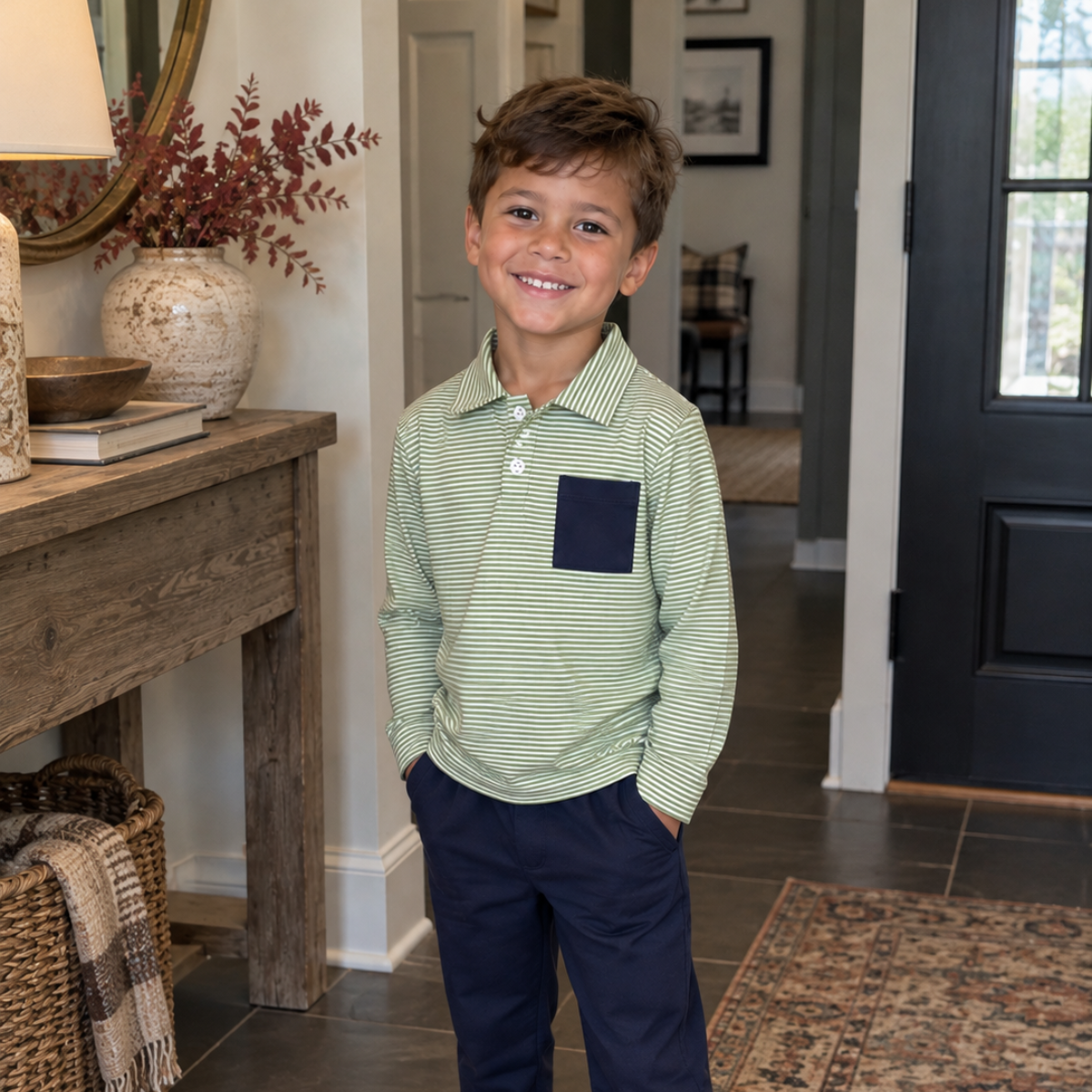 Boys striped polo shirt and pants set, light green long-sleeve with navy pocket and matching trousers
