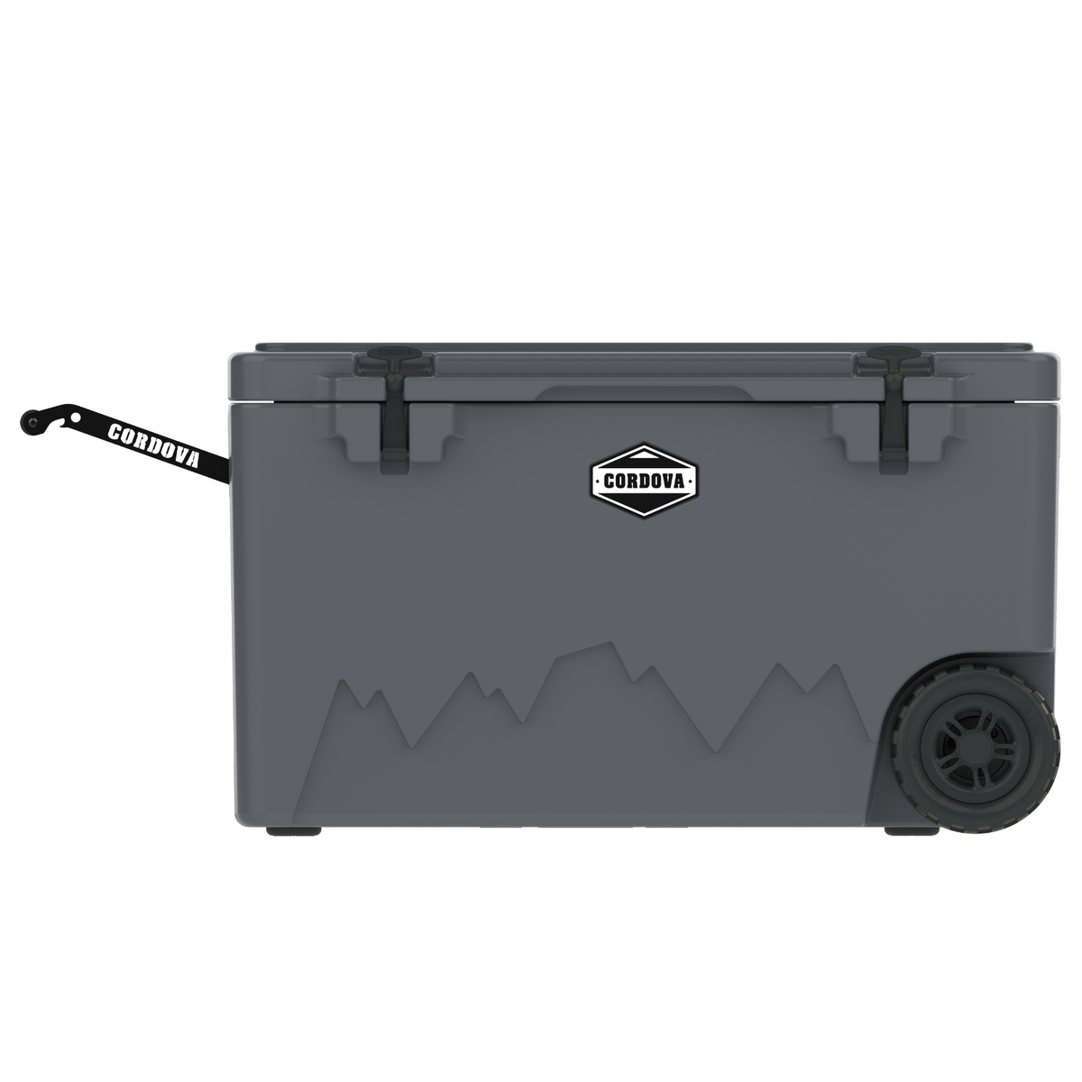 Charcoal gray 125 qt wheeled cooler with Cordova badge, side strap, and rear wheel
