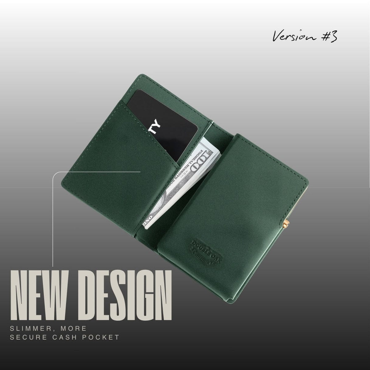 Green bifold wallet opened, showing card slots and a cash pocket