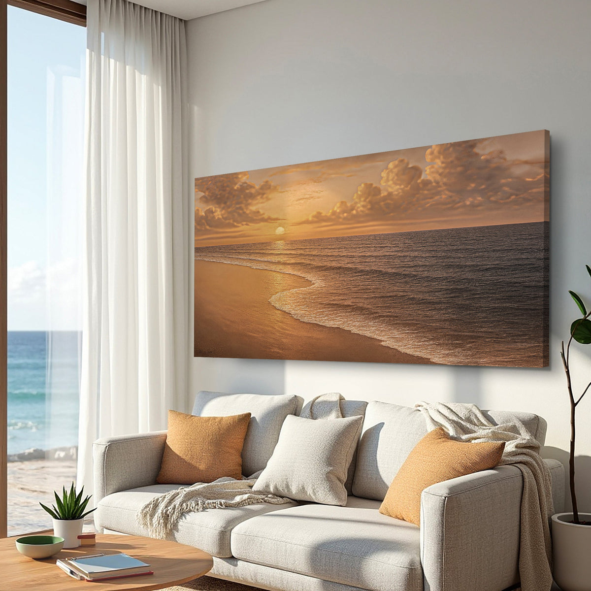 Coastal beach shoreline wall art canvas with sunset sky and gentle ocean surf