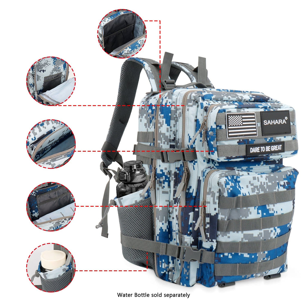Blue digital camo travel backpack with padded shoulder straps and side water-bottle holders