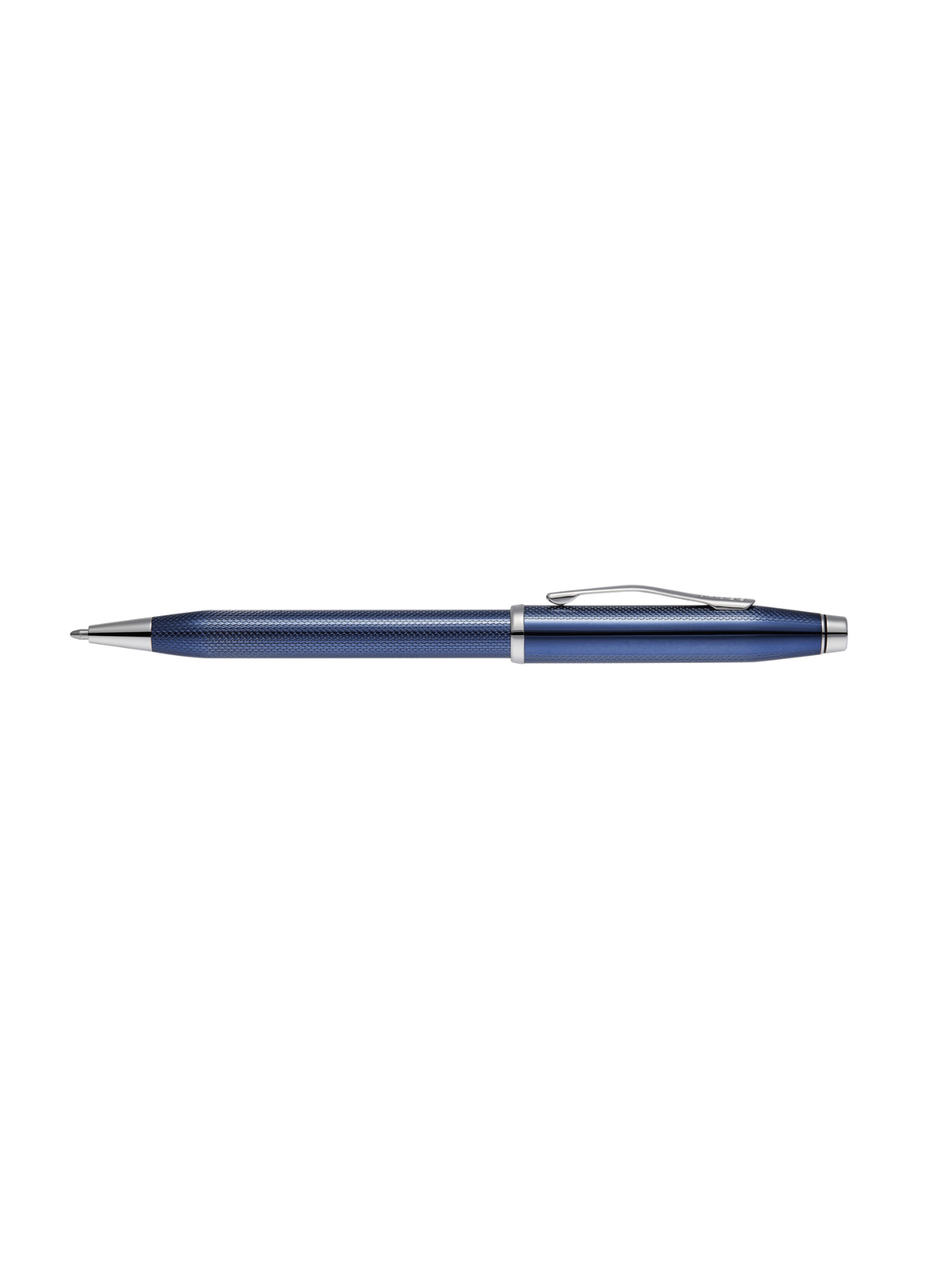 Cobalt blue ballpoint pen with engraved diamond texture, chrome clip, and retractable tip