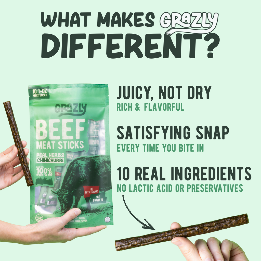 Chimichurri beef meat sticks pouch held in hands with two meat sticks