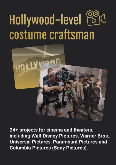 Aragorn king costume promotional flyer with crafting stats and branding text