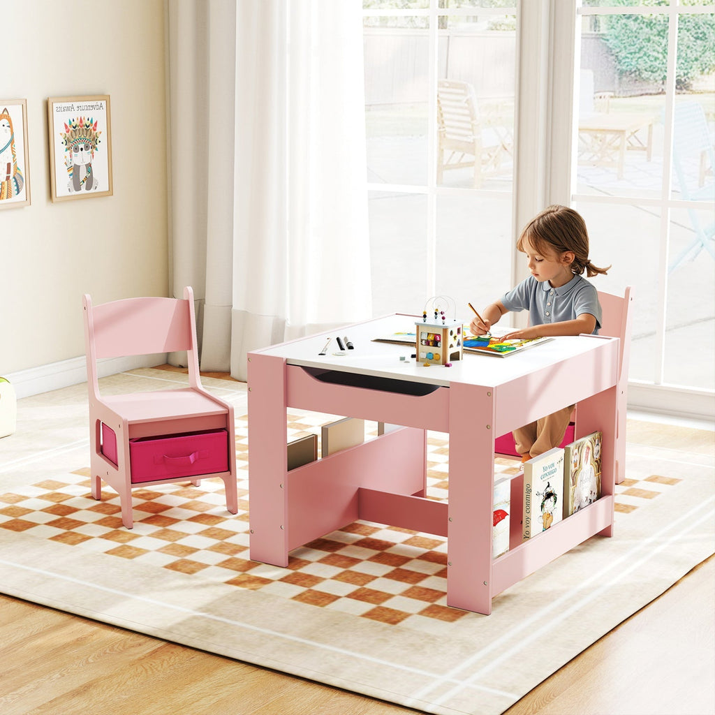 Pink kids activity table set with two chairs, open storage shelves and drawer accents