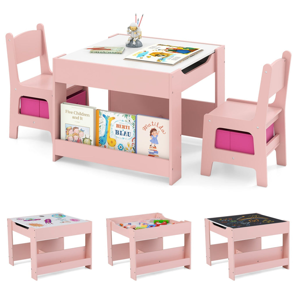 Pink kids activity table and two chairs with tabletop and front book storage