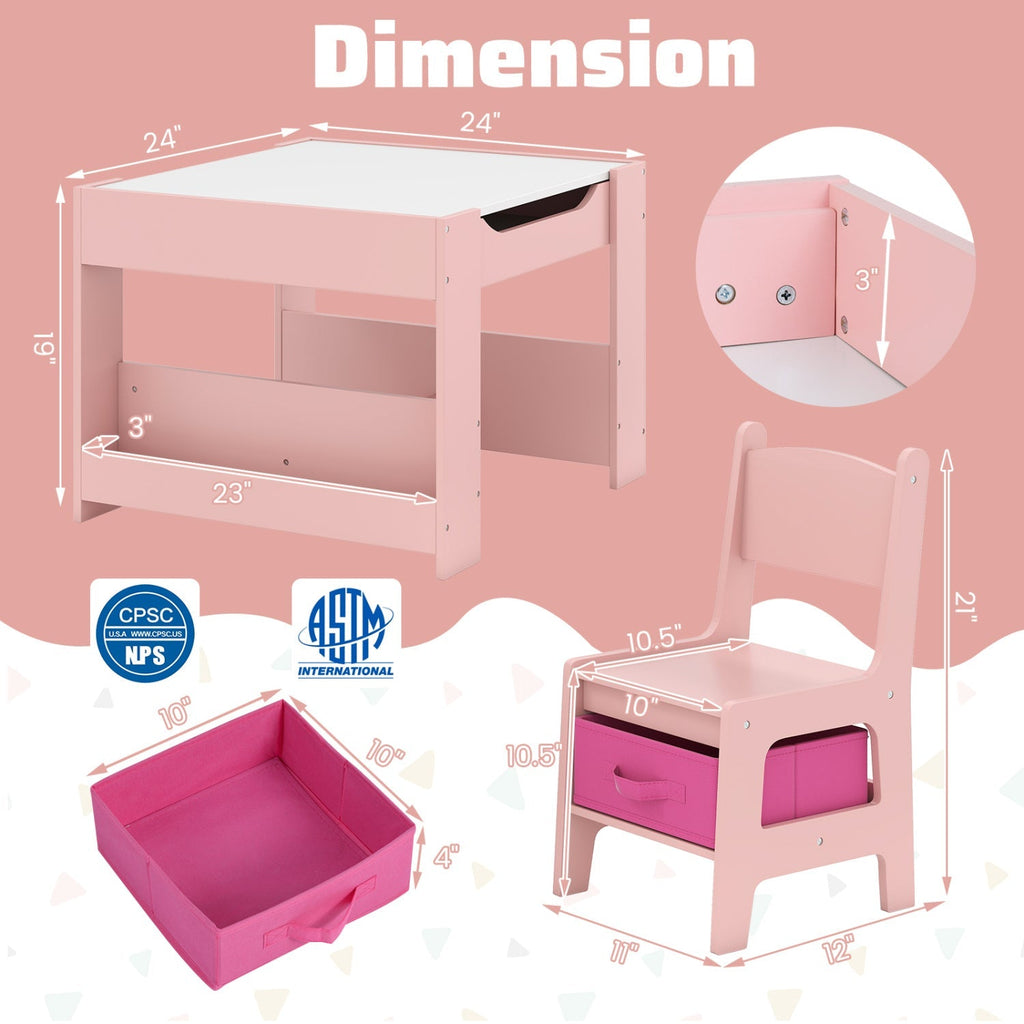 Pink kids table and chairs with under-table storage and rounded seat cutouts