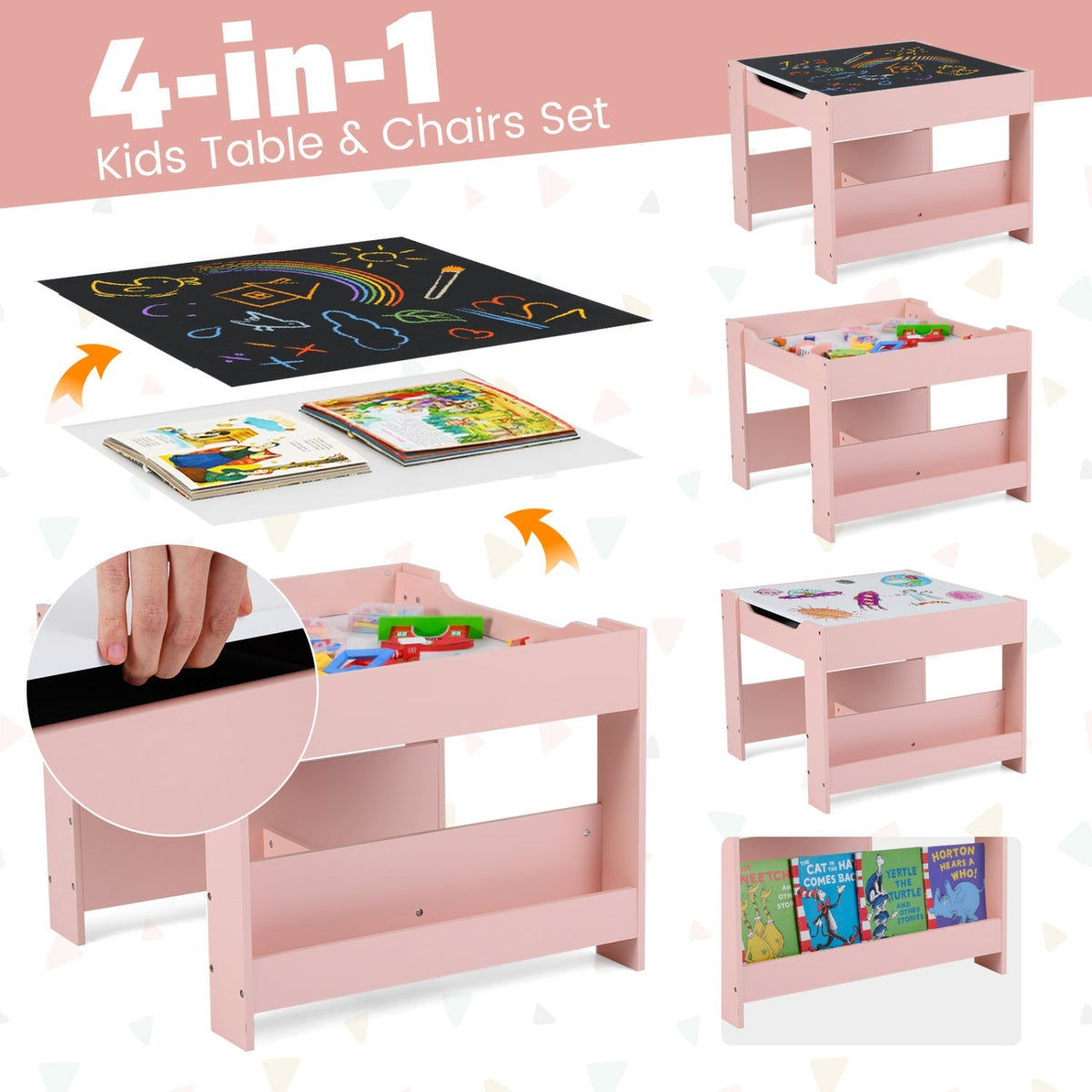 Pink kids activity table and two chairs set with black activity surface