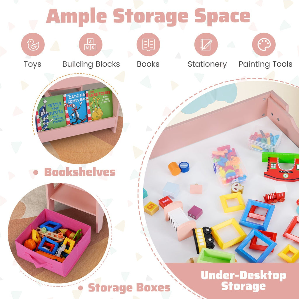 Kids table storage set: under-table boxes and front shelves for books and toys