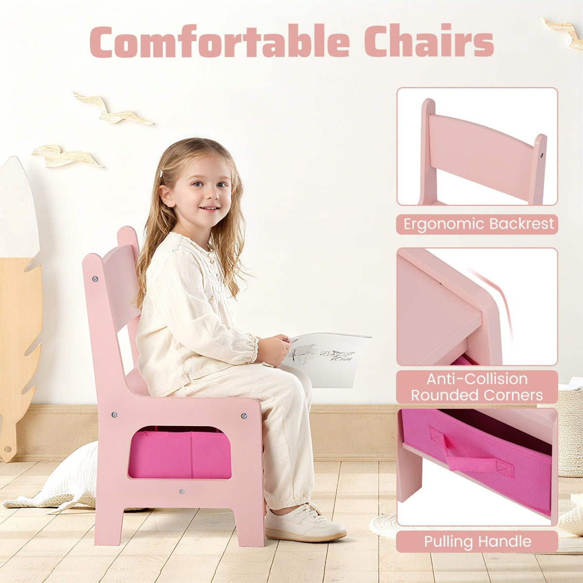 Pink kid chair with ergonomic backrest, magenta seat front and rounded corners