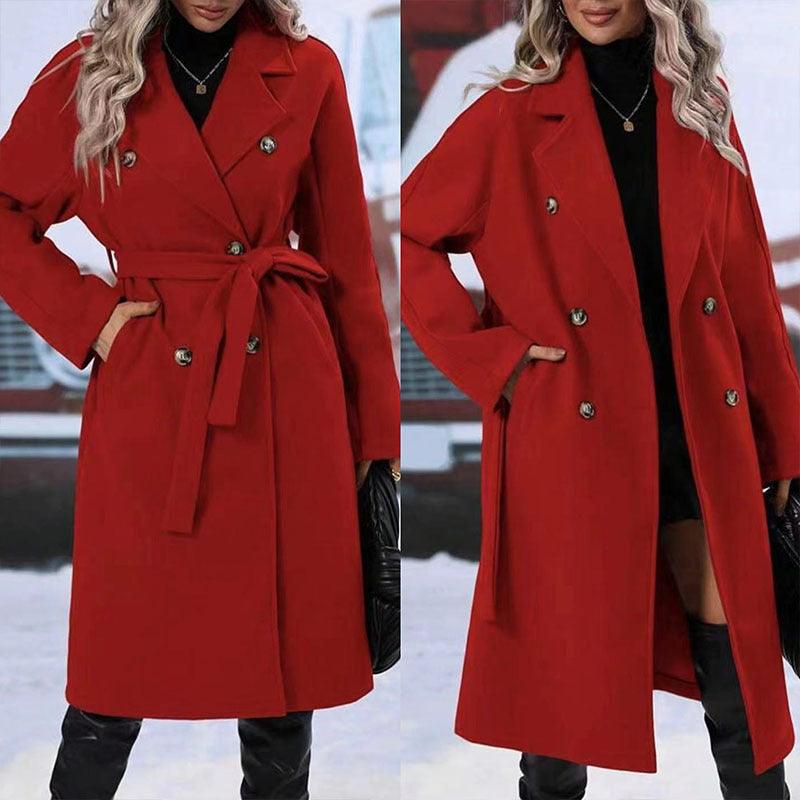 Women’s red long double-breasted trench coat with belt and notched lapel collar