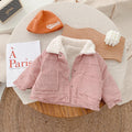 Warm children shirt, pink corduroy button jacket with sherpa-lined collar and pockets
