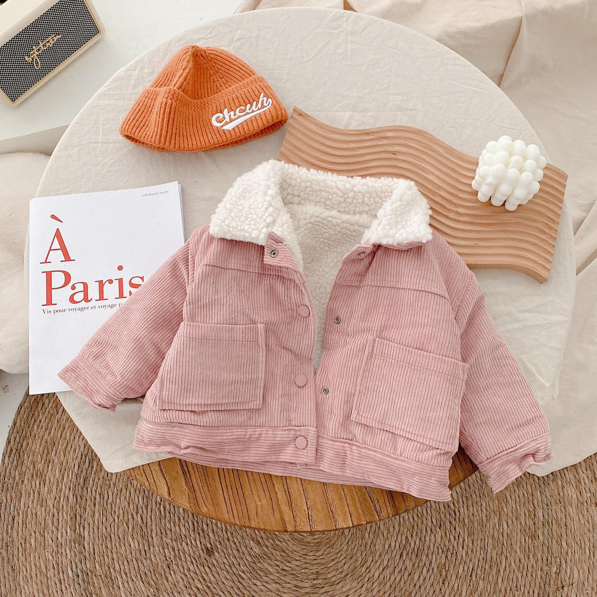 Warm children shirt, pink corduroy button jacket with sherpa-lined collar and pockets