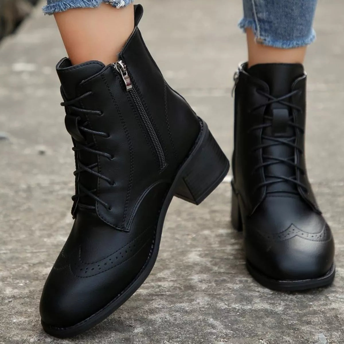 Black lace-up ankle boots with side zipper, smooth leather-look upper and block heel