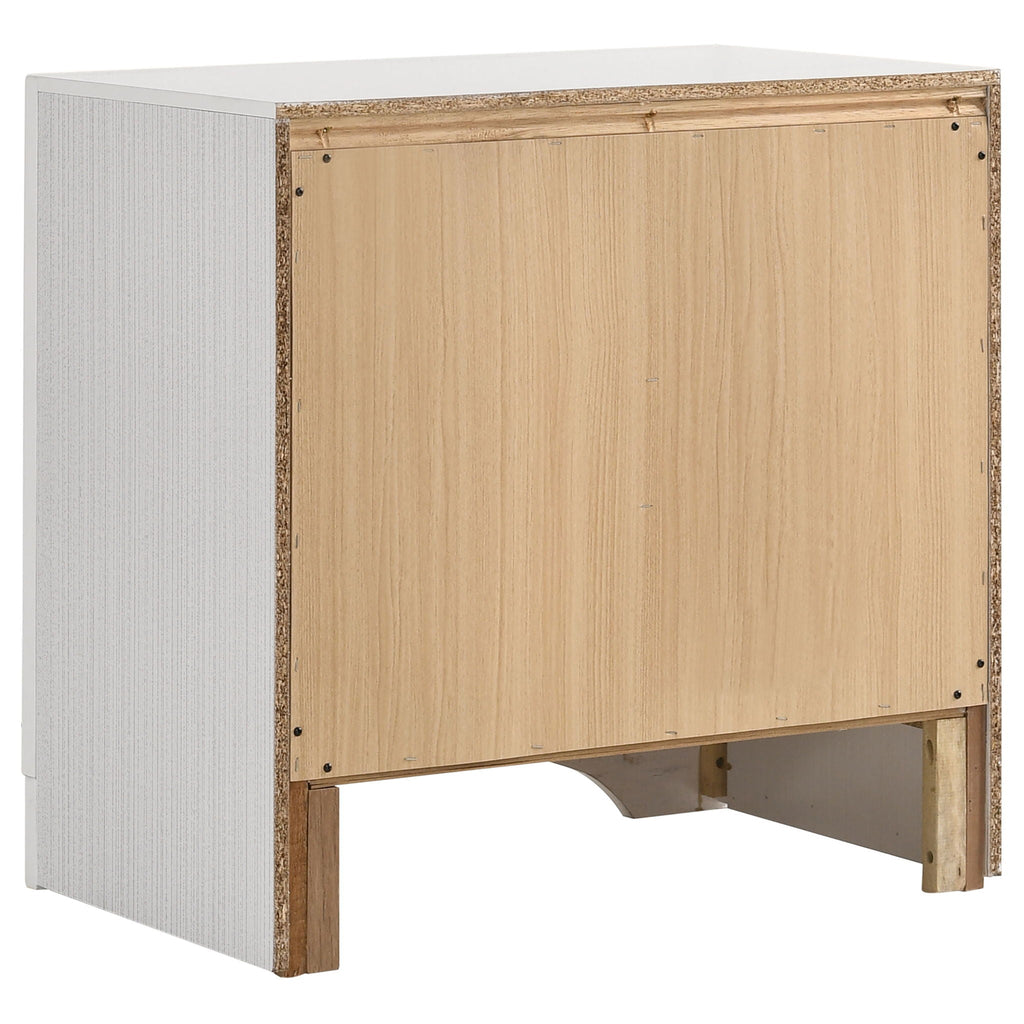 White nightstand with light wood cabinet back and open underside