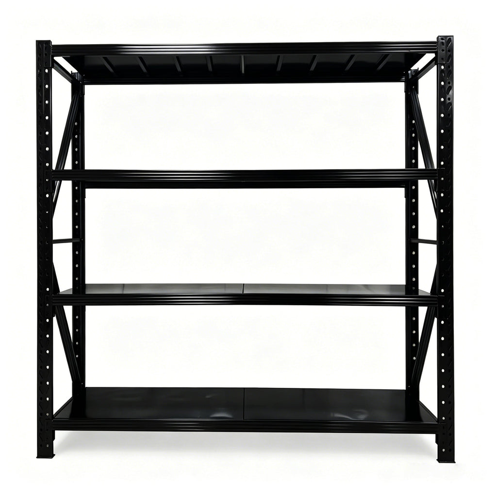 Front view of a black four-tier metal storage rack with perforated uprights and support braces