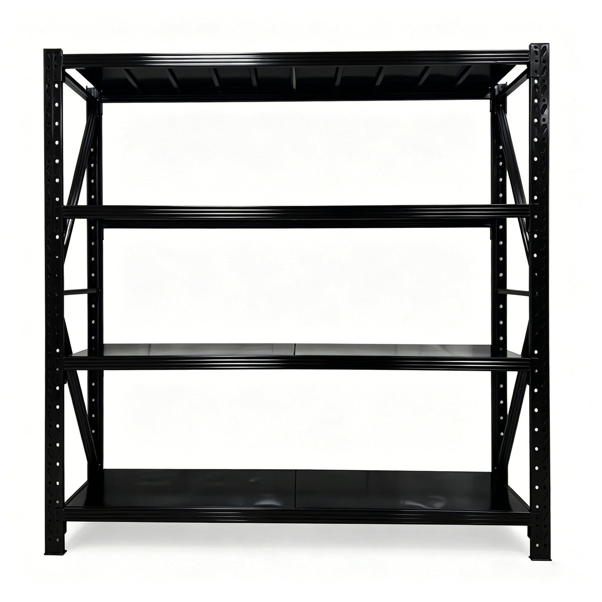 Front view of a black four-tier metal storage rack with perforated uprights and support braces