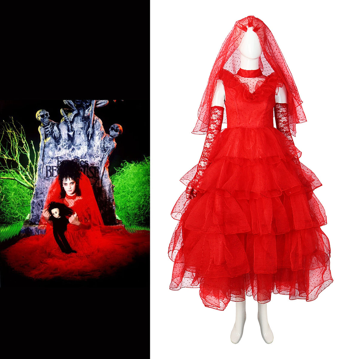 Red tulle ruffle wedding-style dress with mesh veil sleeves on mannequin