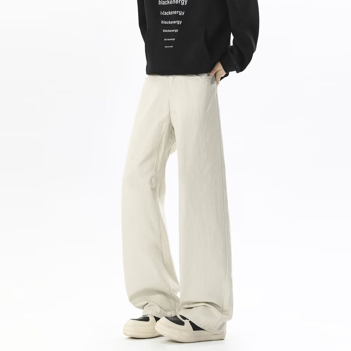 Beige cargo casual pants with straight wide legs and belt loops