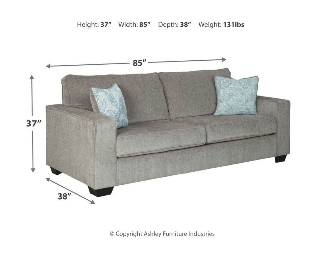 Light gray upholstered loveseat with blue accent pillows and measurements