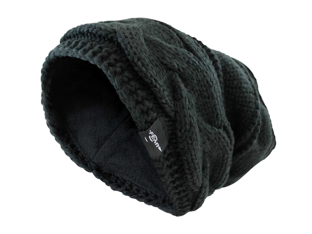 Black fleece-lined slouch beanie with textured knit and logo label