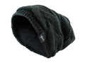 Black fleece-lined slouch beanie with textured knit and logo label