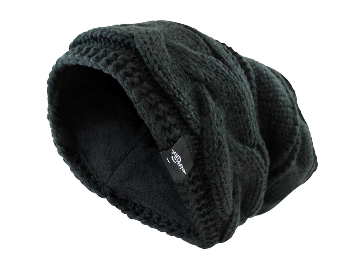 Black fleece-lined slouch beanie with textured knit and logo label
