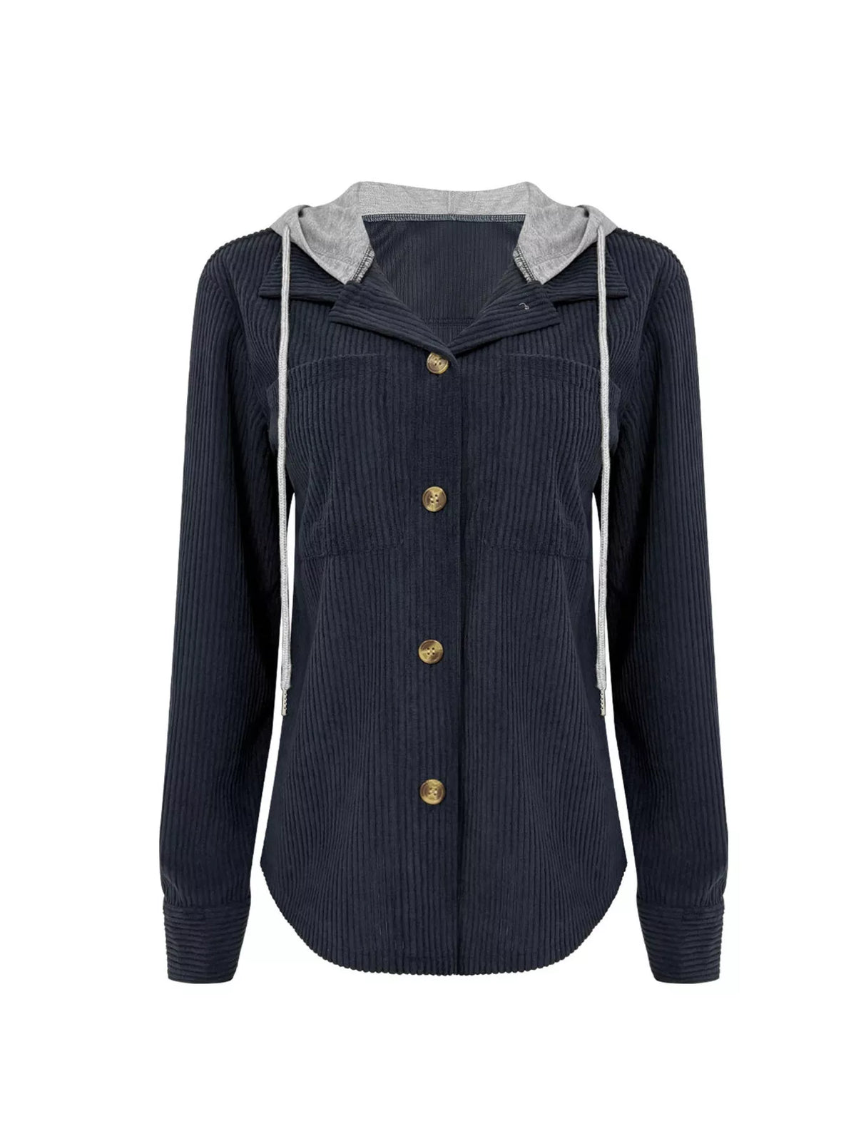Navy corduroy hooded button-down jacket with gray hood and gold button front