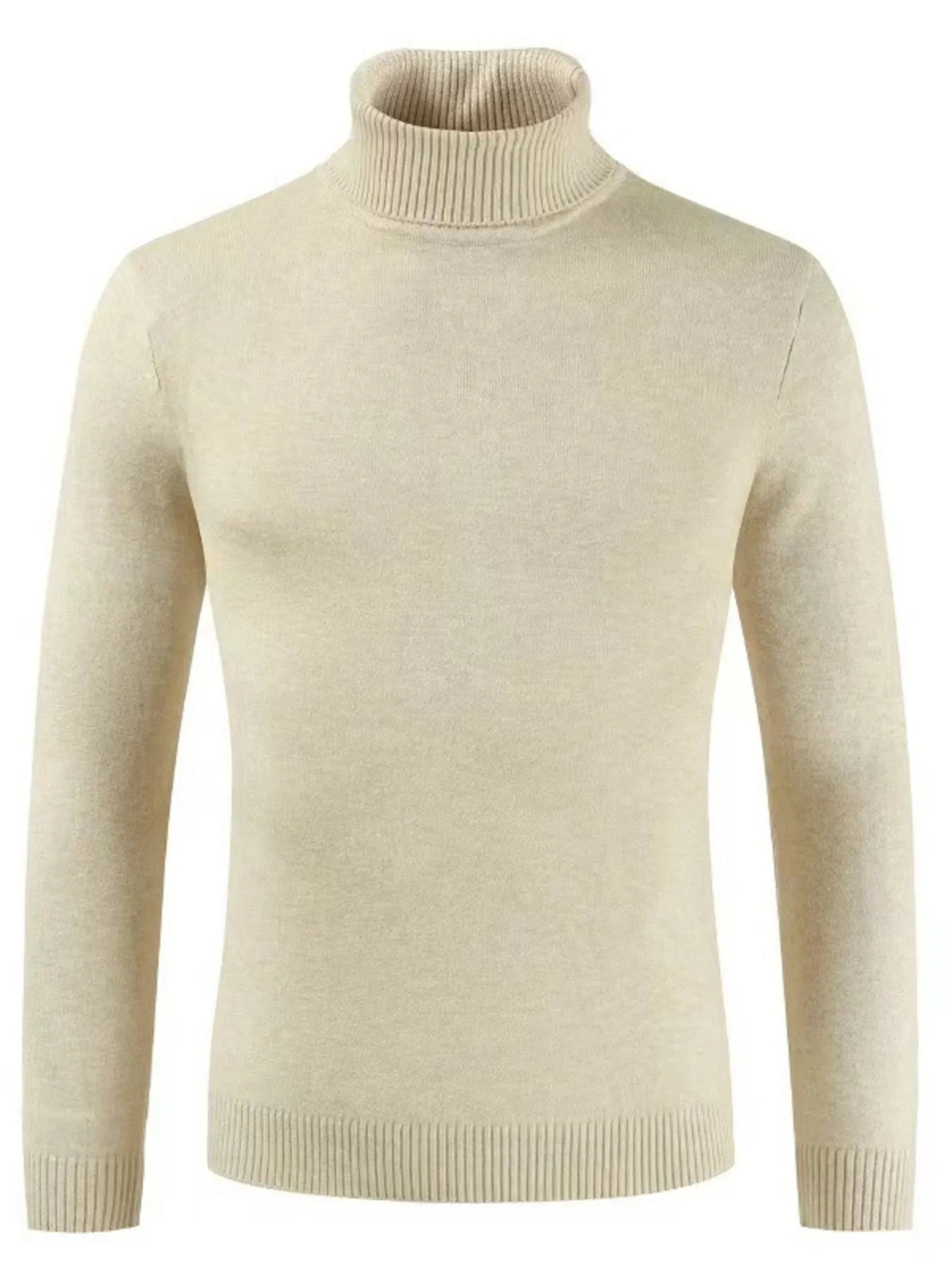 Men's plus-size turtleneck sweater, light beige knit, long sleeves.