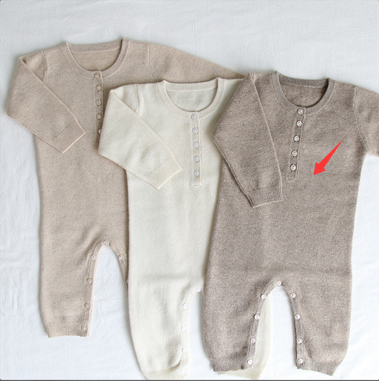 Kids cashmere footed pajama onesies set with button front, beige and cream; long sleeves