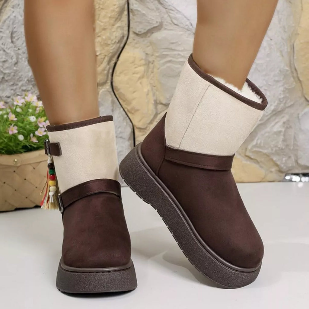Brown ankle boots with khaki shaft, side tassel, buckled straps, thick sole