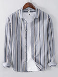 Men's light gray striped button-up long-sleeve shirt with button placket and collar.