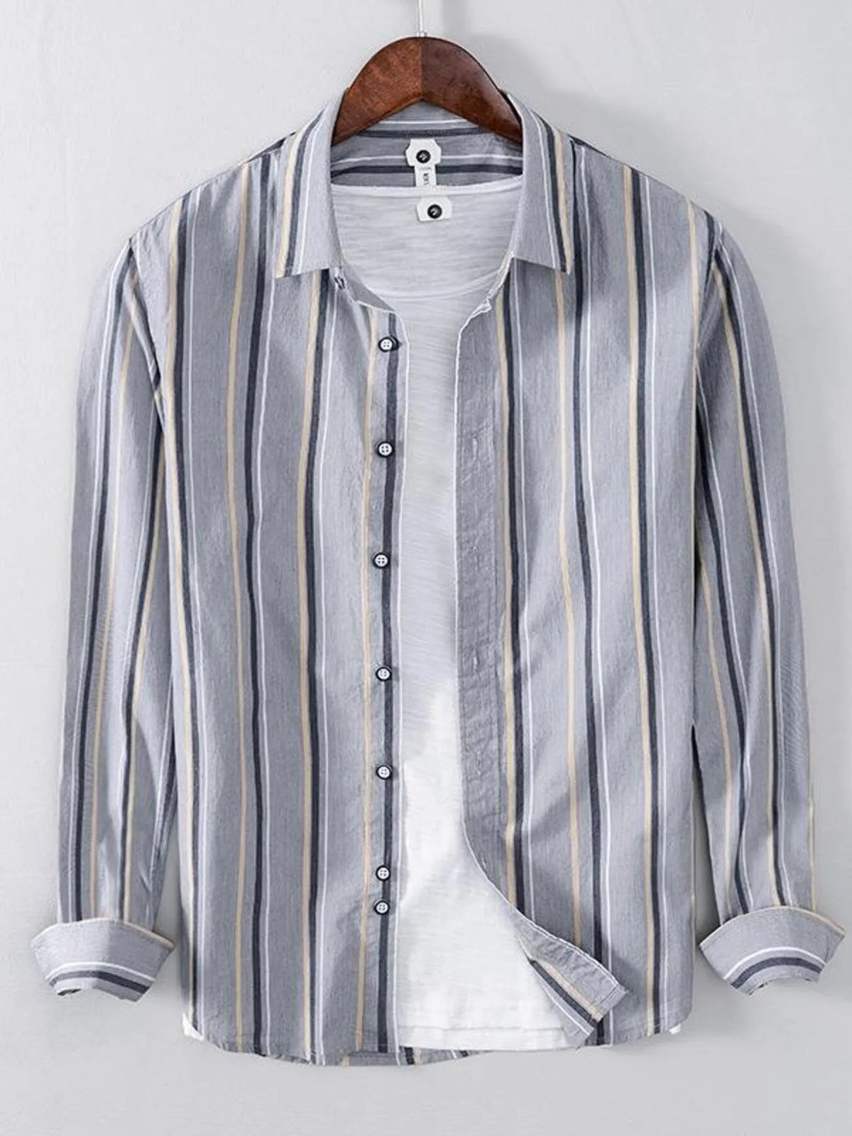 Men's light gray striped button-up long-sleeve shirt with button placket and collar.