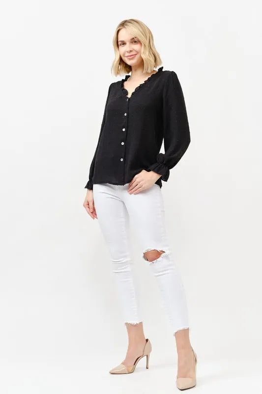 Black polka-dot ruffle-neck blouse with button placket and long puff sleeves
