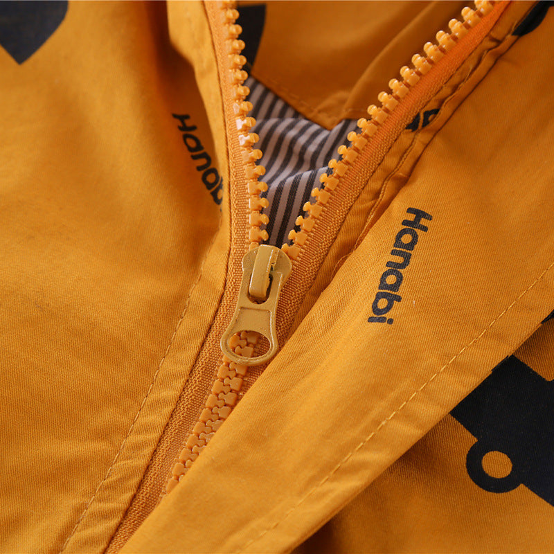 Kids' hooded coat front close-up, orange zipper with branded pull tab