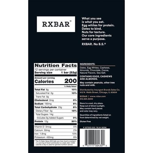 RXBAR back panel with Nutrition Facts and Ingredients for Chocolate Sea Salt protein bars