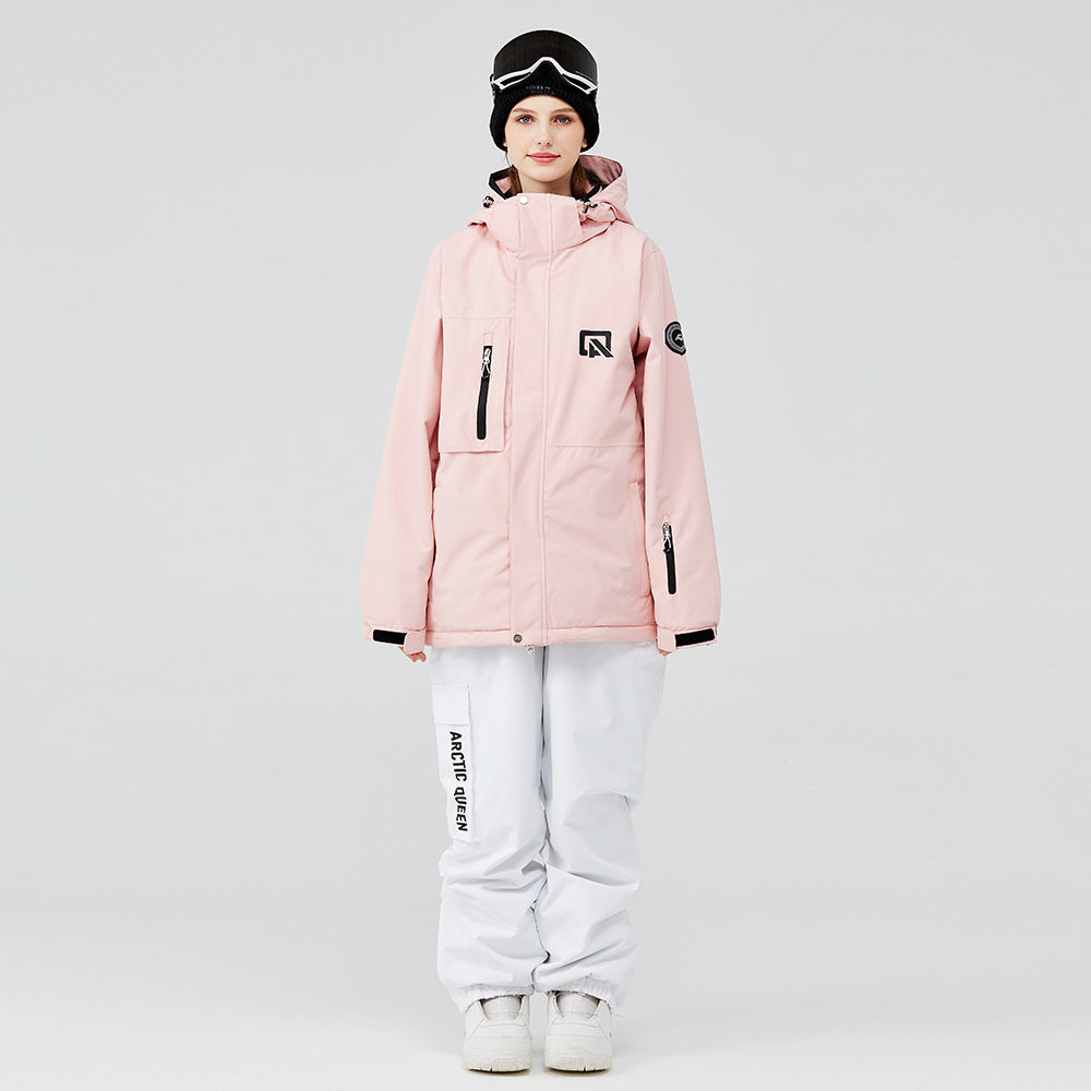 Pink hooded ski jacket with white snow pants and black trim, insulated winter suit