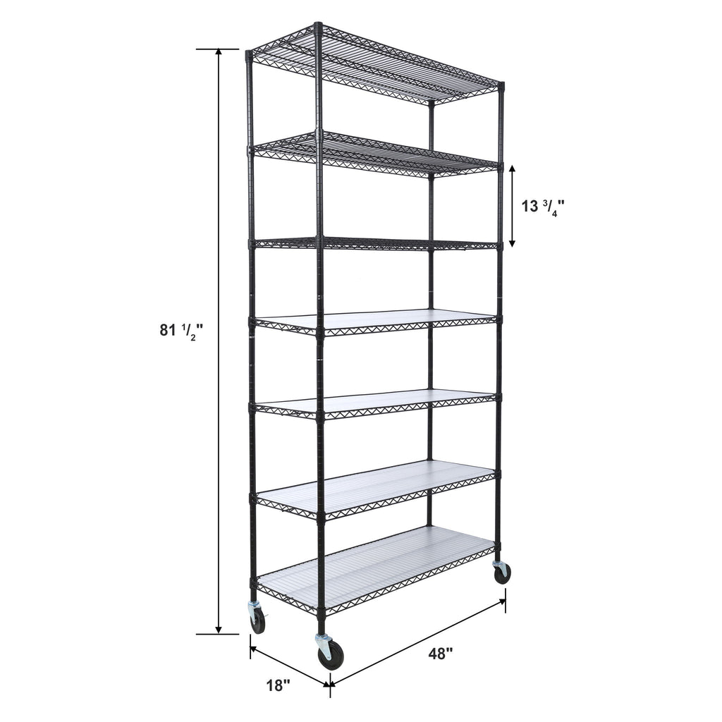 Black 7-tier wire shelving unit on casters, showing overall proportions and height