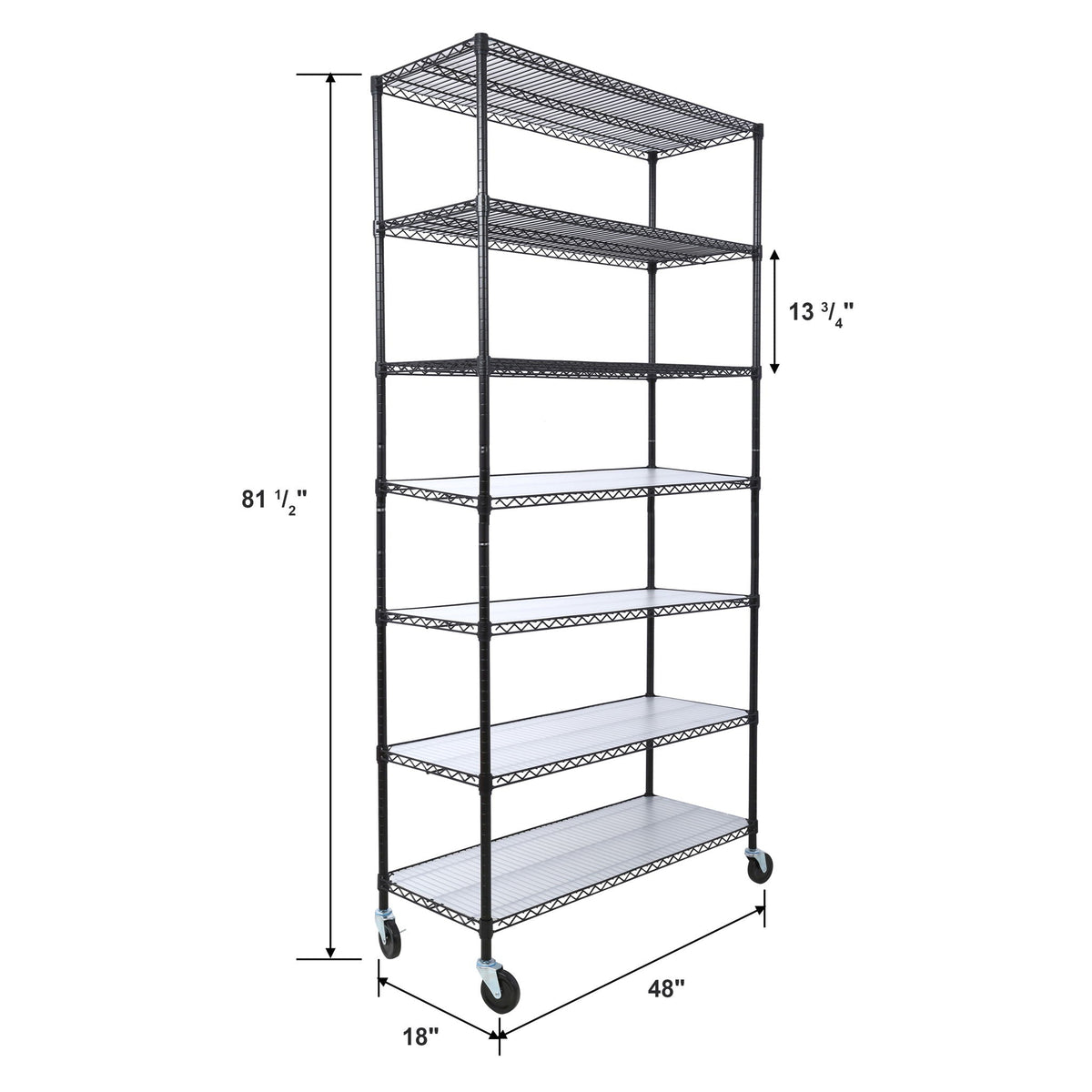 Black 7-tier wire shelving unit on casters, showing overall proportions and height