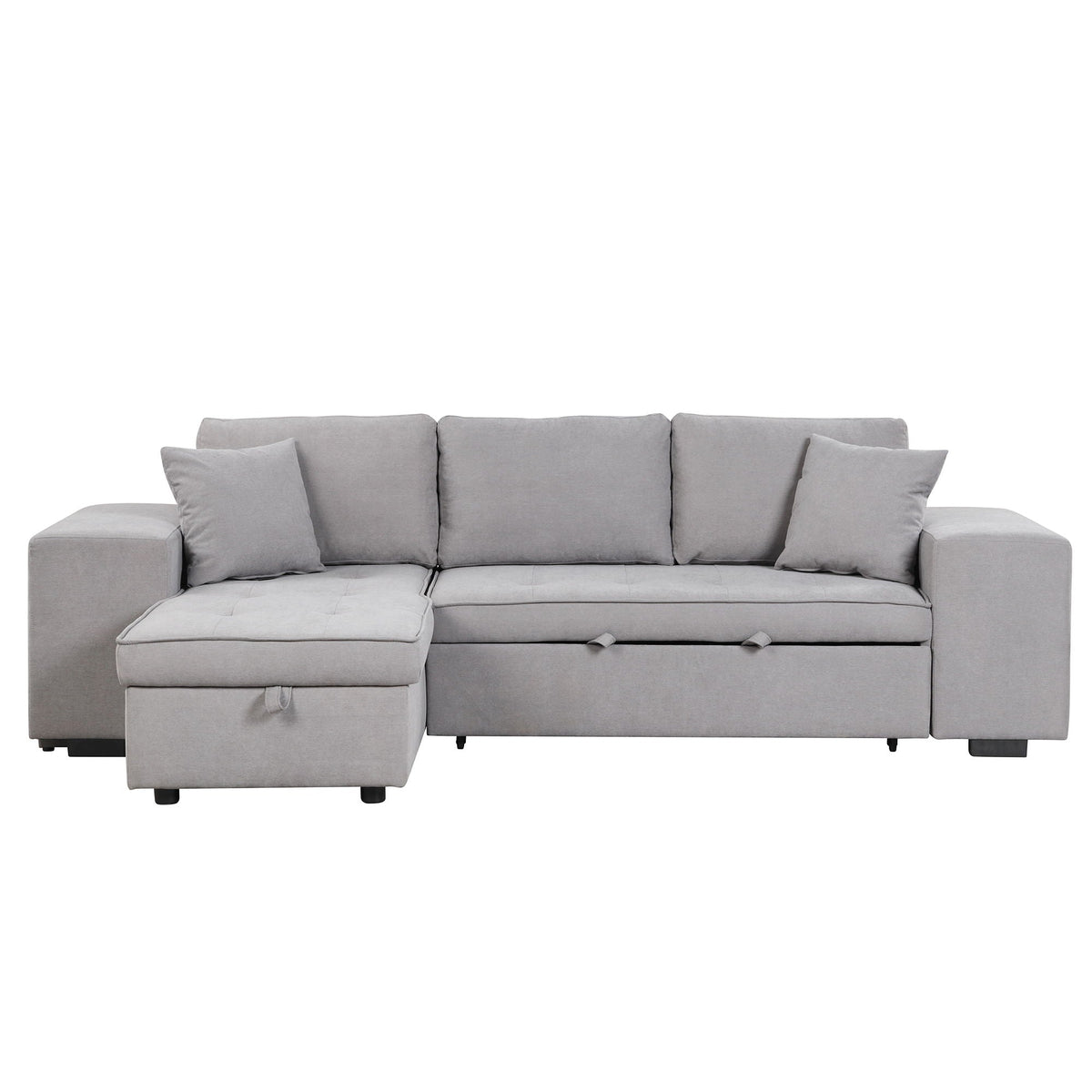 Light gray L-shape reversible sleeper sectional sofa with pull-out bed and two stools