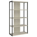 Whitewashed grey 4-shelf bookshelf with dark metal frame, open shelves