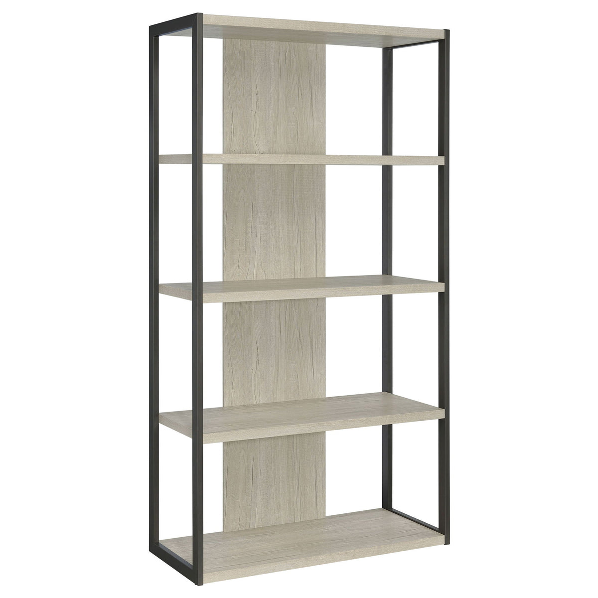 Whitewashed grey 4-shelf bookshelf with dark metal frame, open shelves