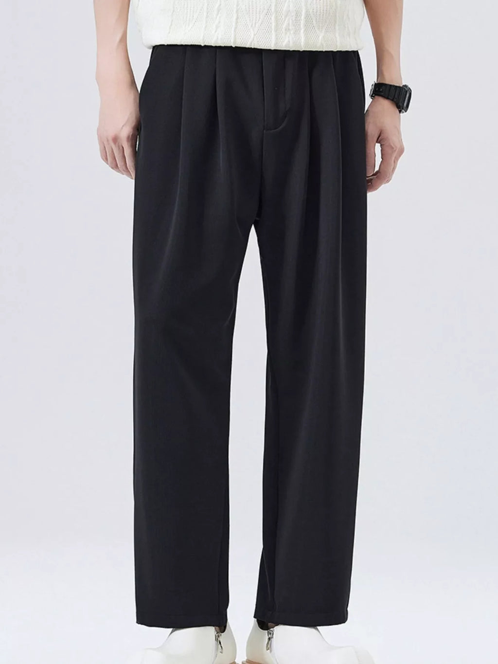 Men's loose-fit casual pants, black, relaxed straight fit with elastic waist