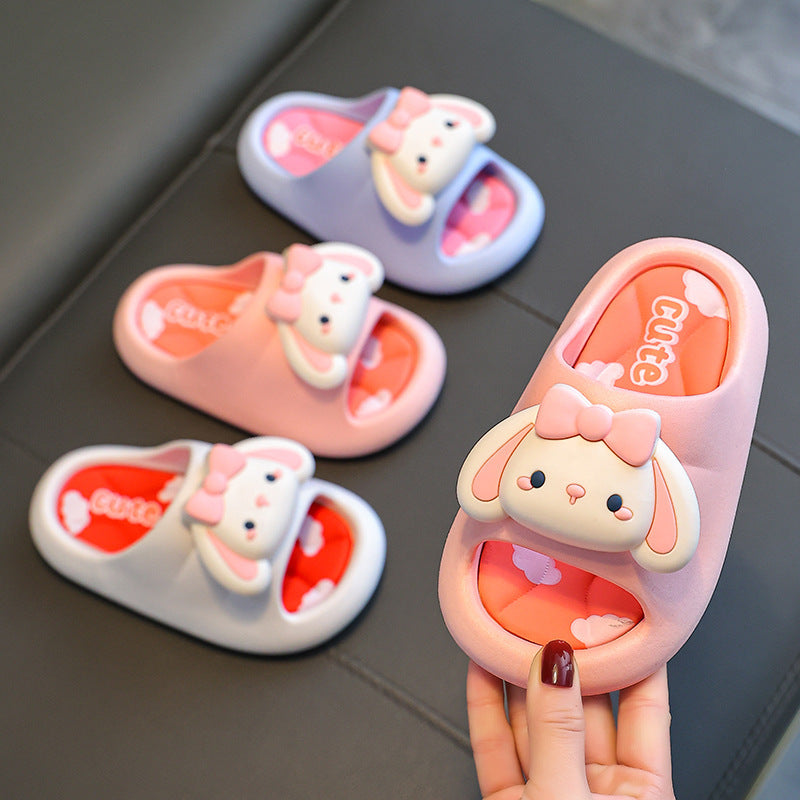 Kids bunny-face slide slippers with bow, pink toe and light-blue soles