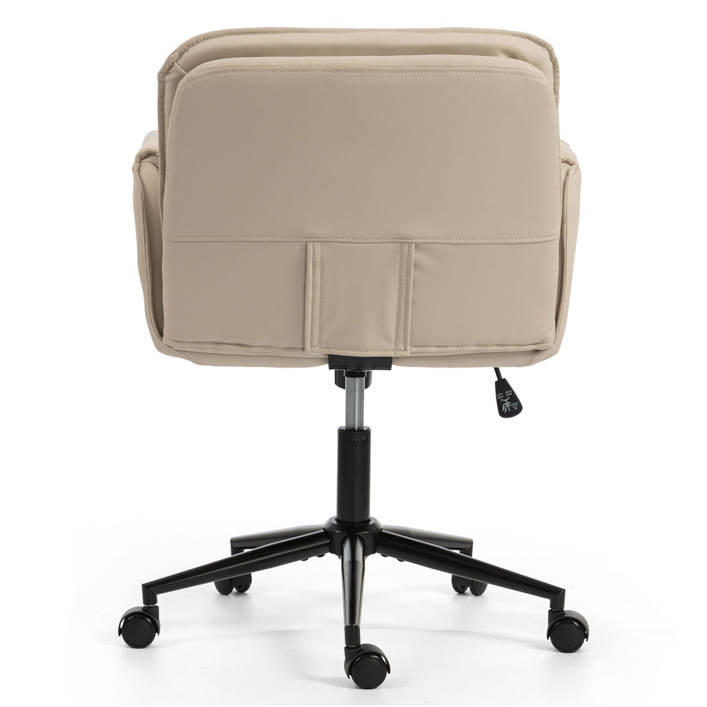 Beige swivel desk chair with padded backrest and seat, black column base