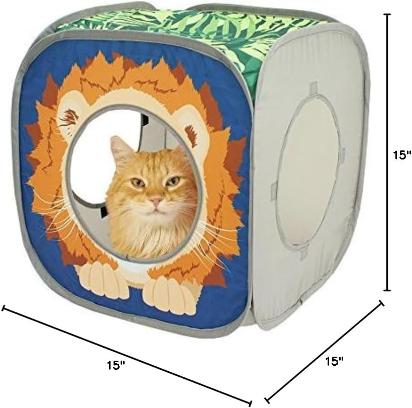 Lion-print collapsible cat cube with circular entrance and 15-inch dimensions